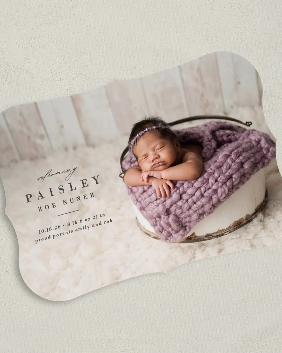 This is a 5" x 7" Birth Announcement Card called Adored printed in full color on Premium Smooth paper