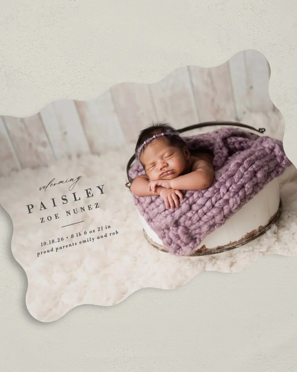 This is a 5" x 7" Birth Announcement Card called Adored printed in full color on Premium Smooth paper