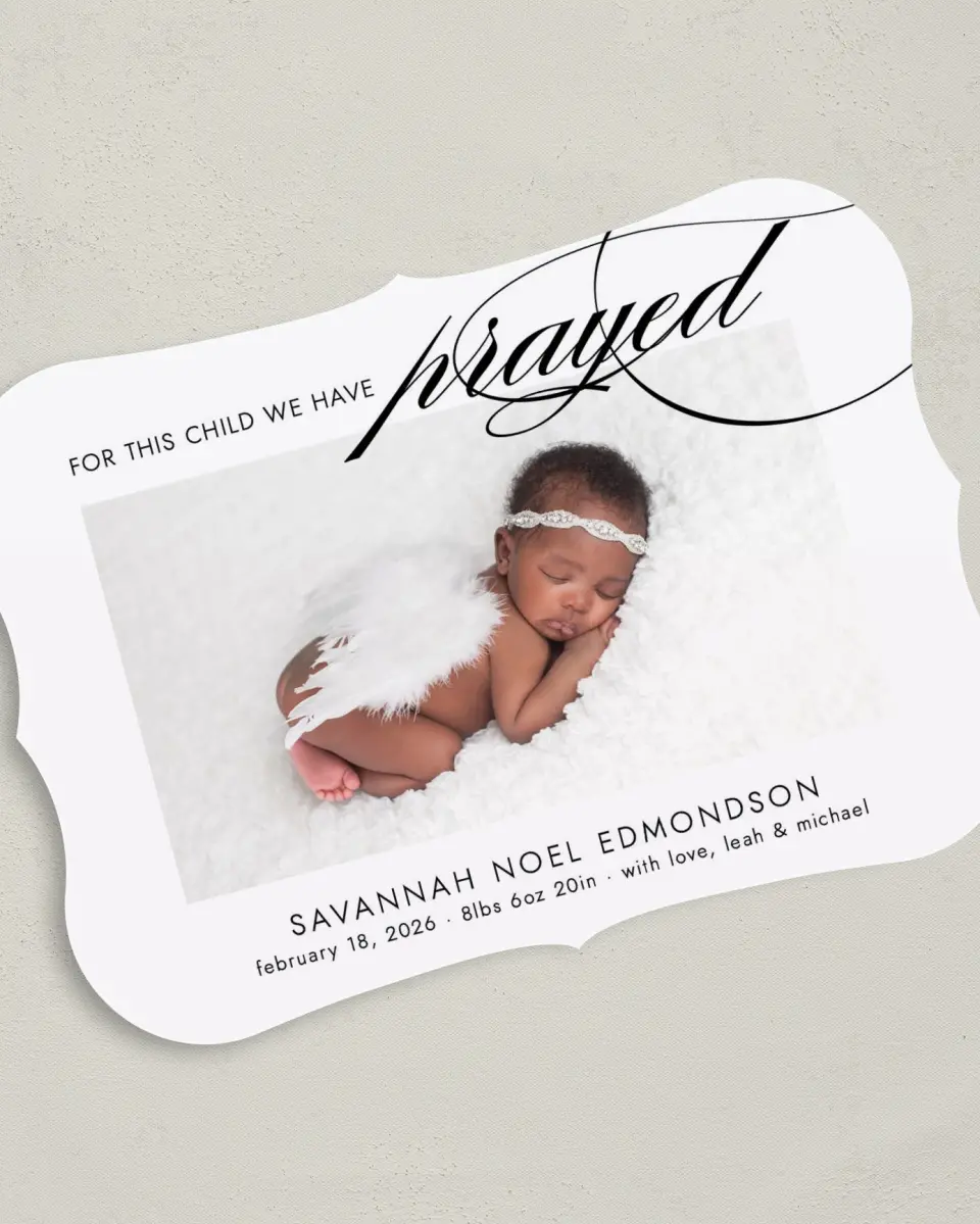 This is a 5" x 7" Birth Announcement Card called Answer to Prayer printed in full color on Premium Smooth paper