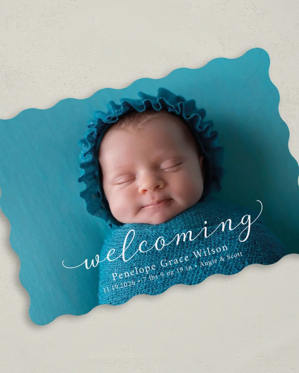 This is a 5" x 7" Birth Announcement Card called Darling Welcome printed in full color on Premium Smooth paper