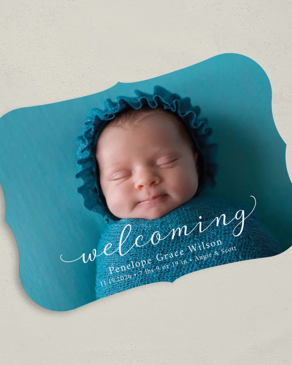 This is a 5" x 7" Birth Announcement Card called Darling Welcome printed in full color on Premium Smooth paper