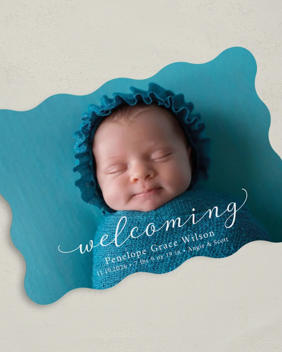 This is a 5" x 7" Birth Announcement Card called Darling Welcome printed in full color on Premium Smooth paper