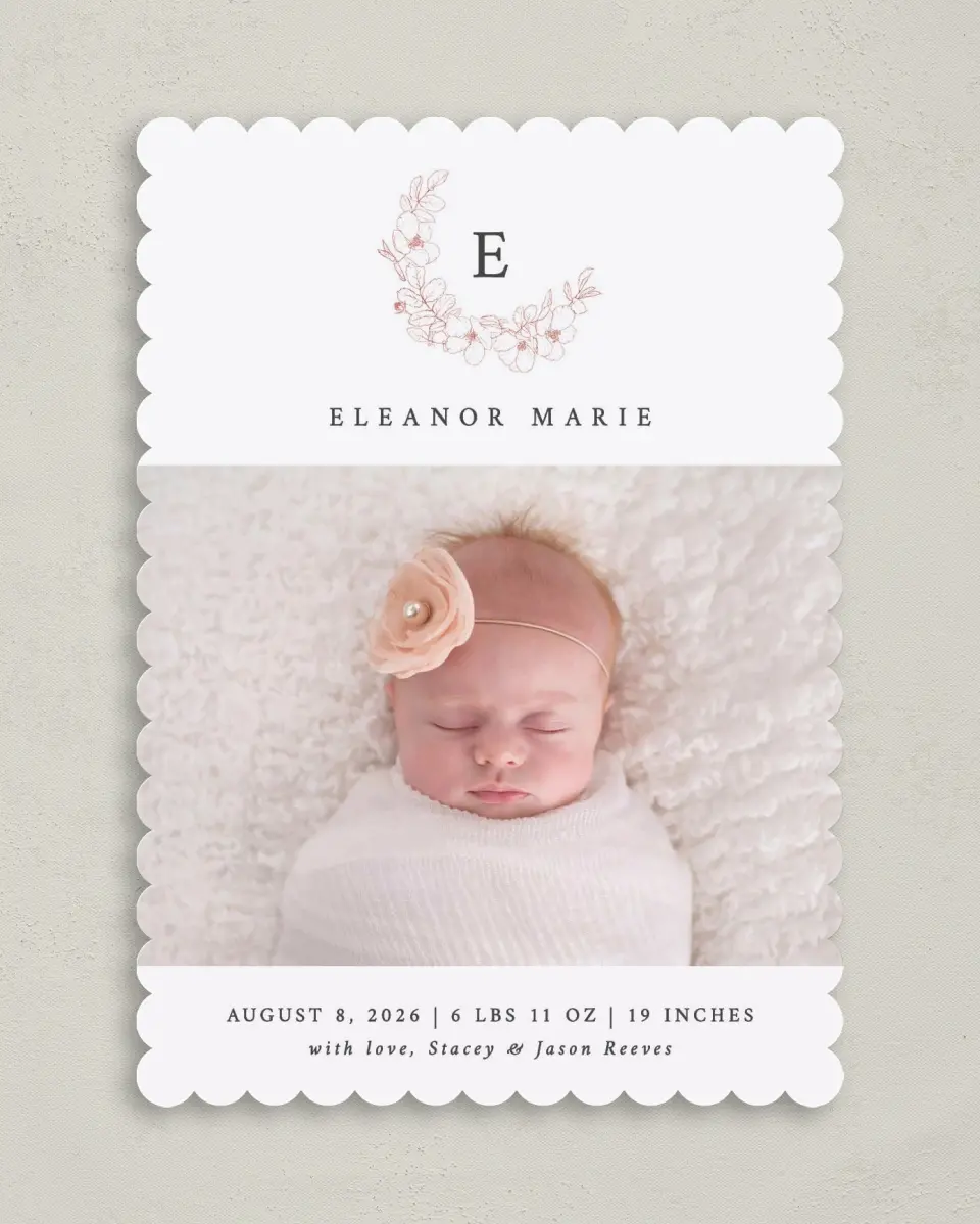 This is a 5" x 7" Birth Announcement Card called Delicate Wreath printed in full color on Premium Smooth paper