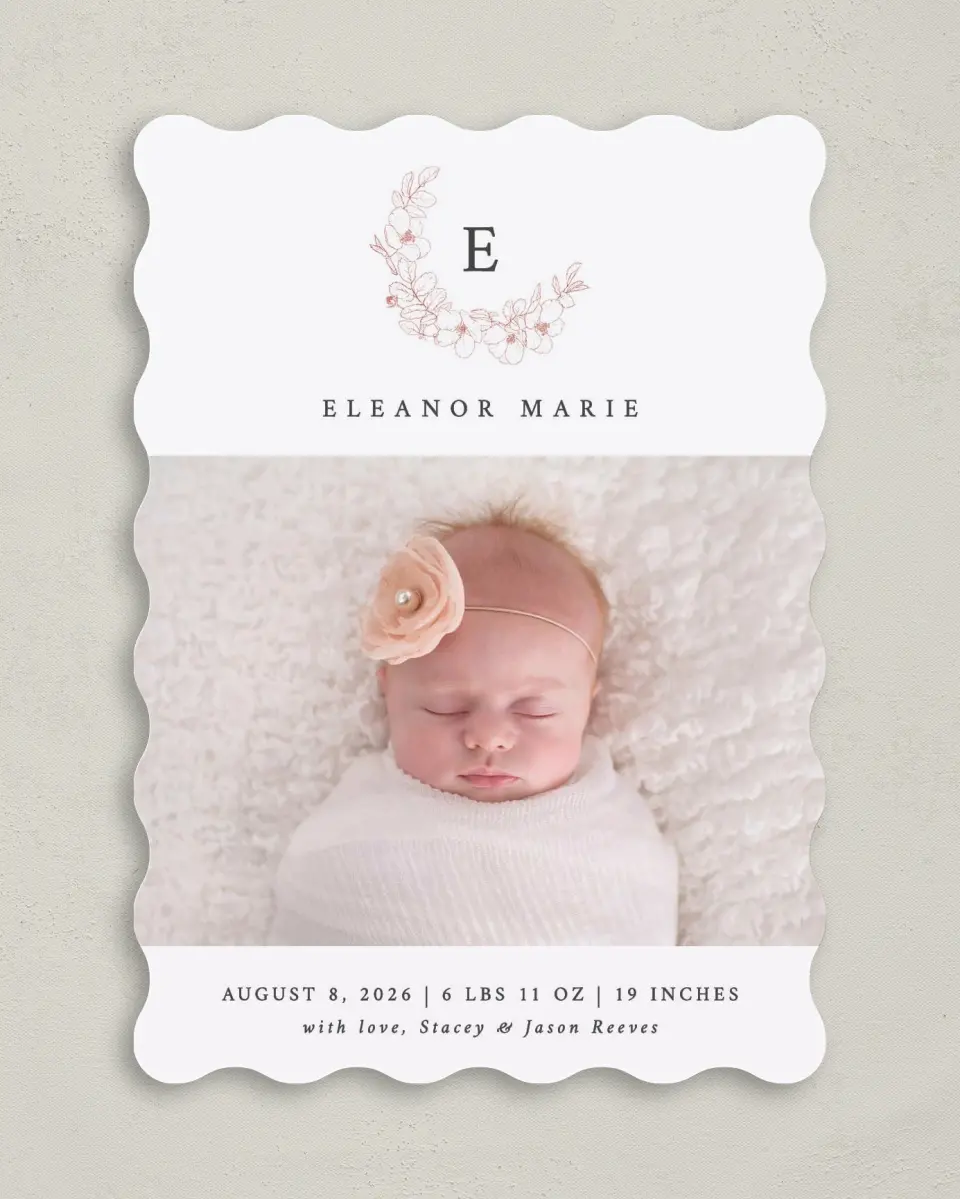 This is a 5" x 7" Birth Announcement Card called Delicate Wreath printed in full color on Premium Smooth paper