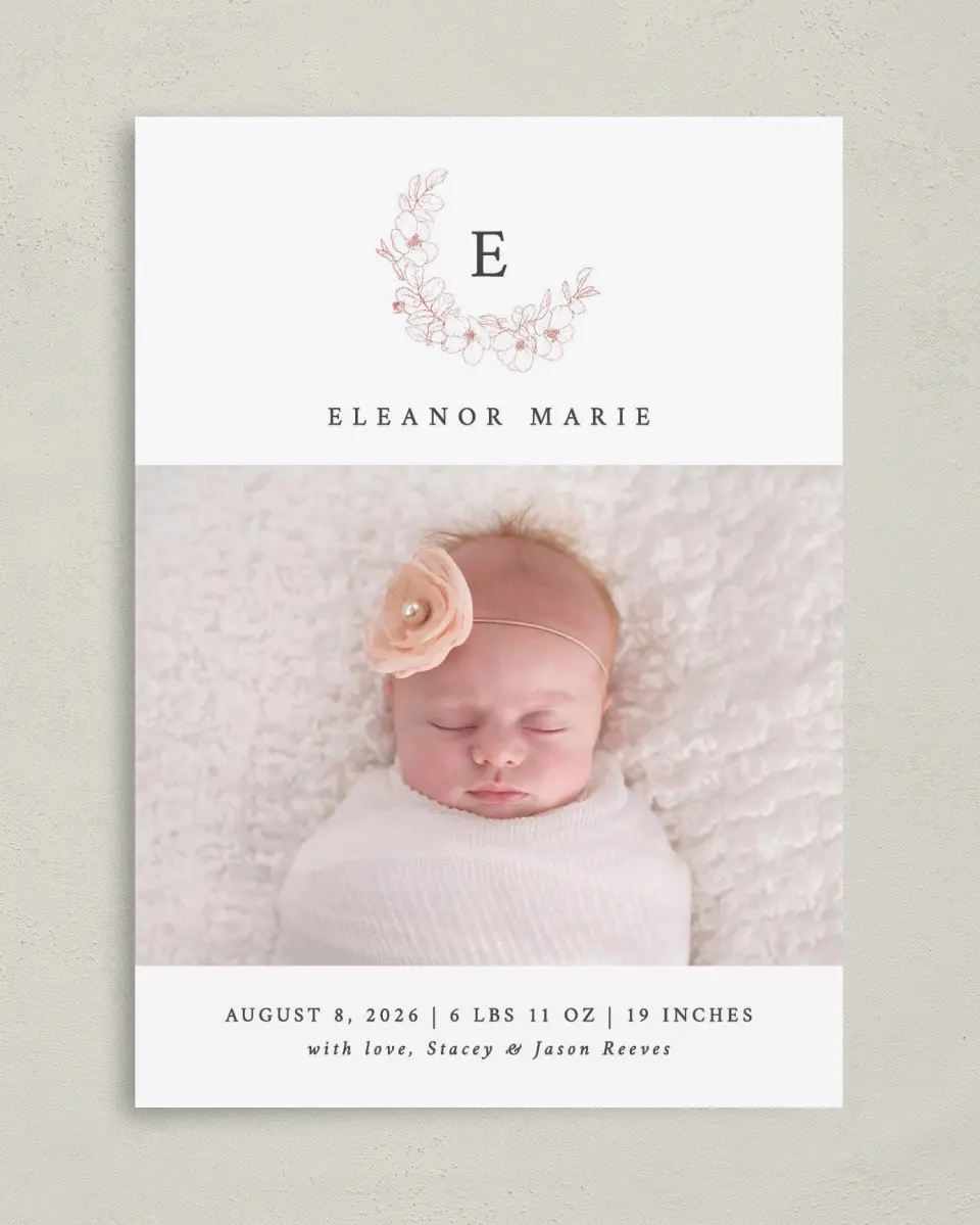 This is a 5" x 7" Birth Announcement Card called Delicate Wreath printed in full color with Silver foil on Luxe Satin (coated) paper