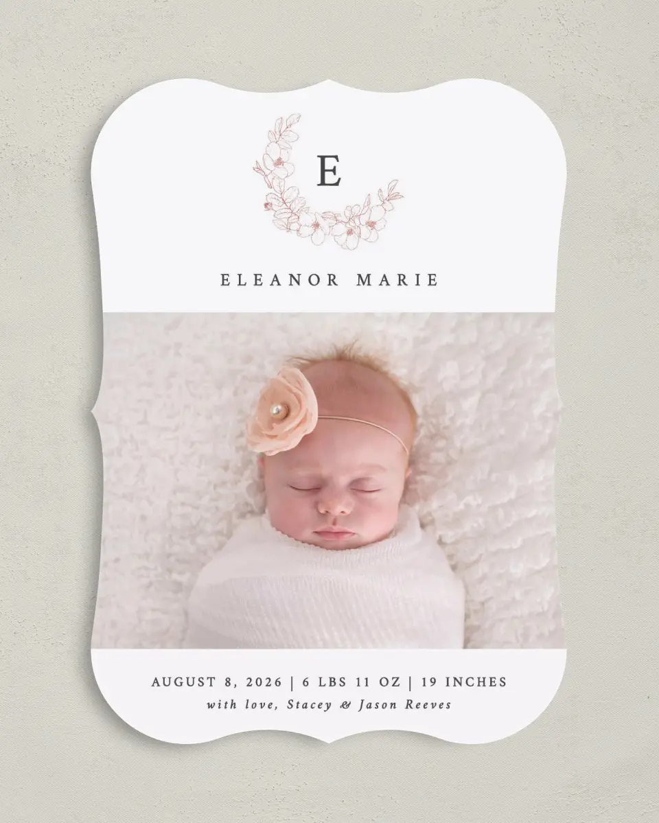 This is a 5" x 7" Birth Announcement Card called Delicate Wreath printed in full color on Premium Smooth paper