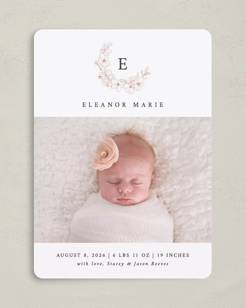 This is a 5" x 7" Birth Announcement Card called Delicate Wreath printed in full color with Silver foil on Luxe Satin (coated) paper