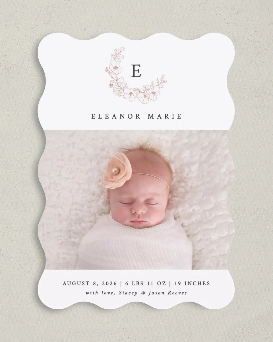 This is a 5" x 7" Birth Announcement Card called Delicate Wreath printed in full color with Silver foil on Luxe Satin (coated) paper