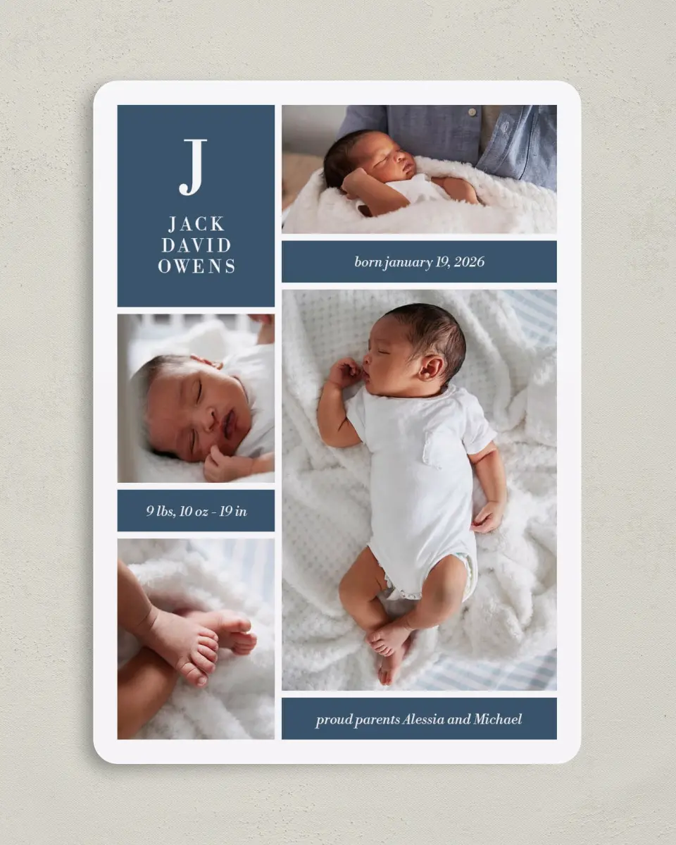 This is a 5" x 7" Birth Announcement Card called Bold Blocks printed in full color on Premium Smooth paper