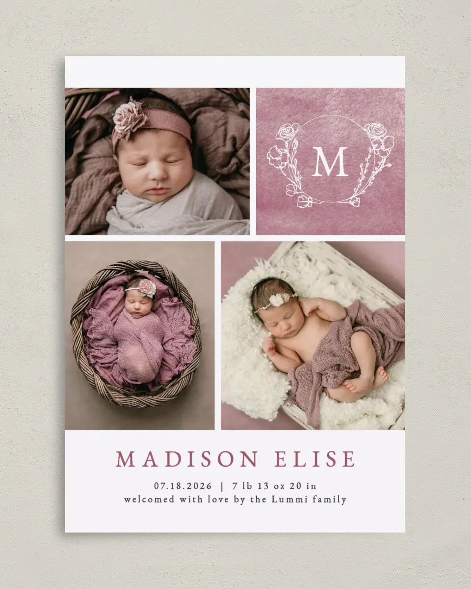 This is a 5" x 7" Birth Announcement Card called Blooming Monogram printed in full color with Silver foil on Luxe Satin (coated) paper