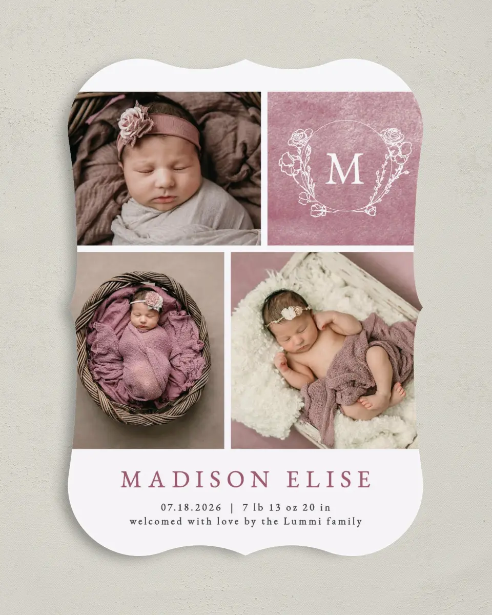 This is a 5" x 7" Birth Announcement Card called Blooming Monogram printed in full color on Premium Smooth paper