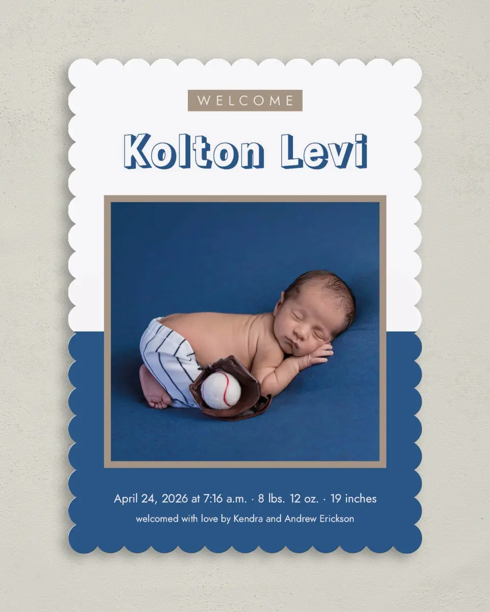 This is a 5" x 7" Birth Announcement Card called Welcome Block printed in full color on Premium Smooth paper