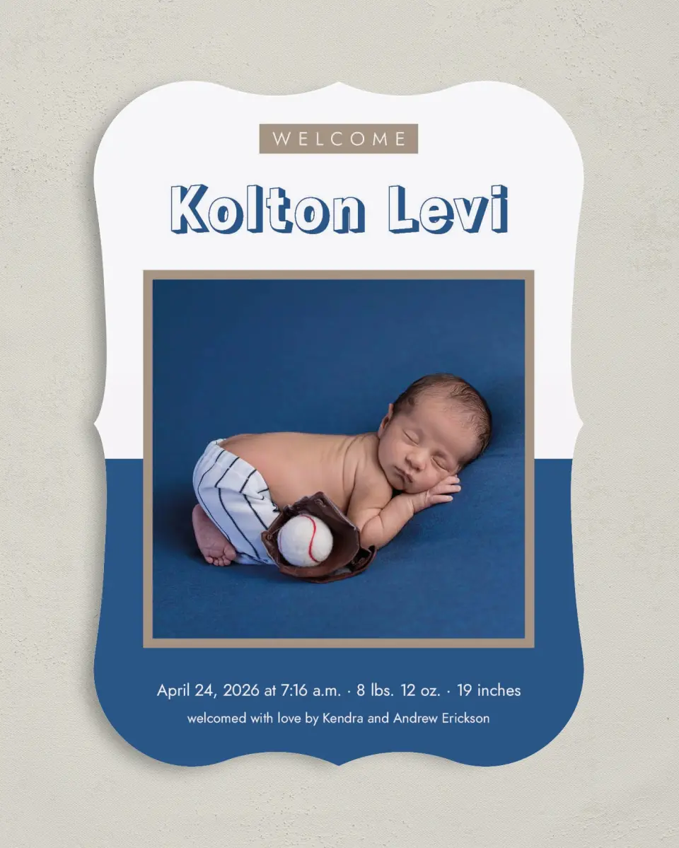 This is a 5" x 7" Birth Announcement Card called Welcome Block printed in full color on Premium Smooth paper