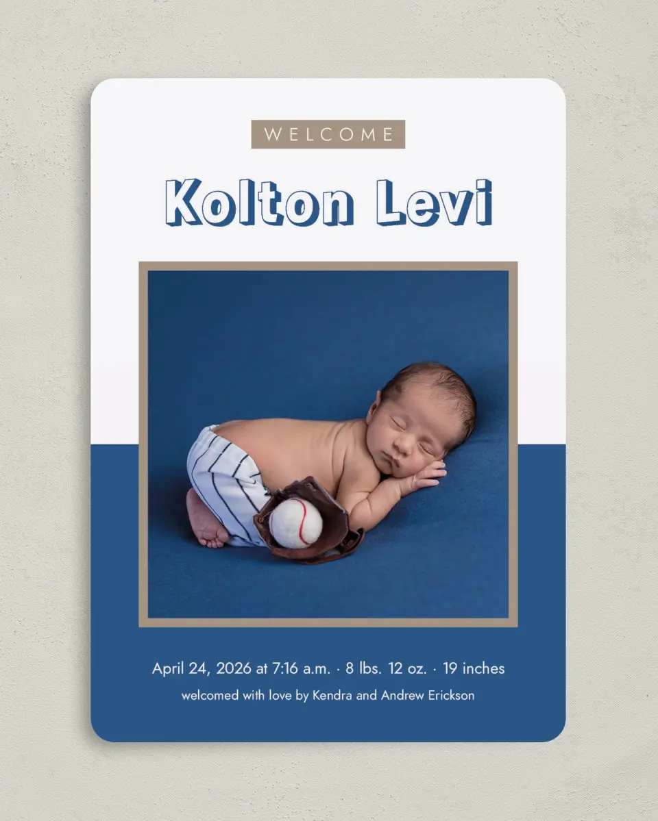 This is a 5" x 7" Birth Announcement Card called Welcome Block printed in full color with Silver foil on Luxe Satin (coated) paper
