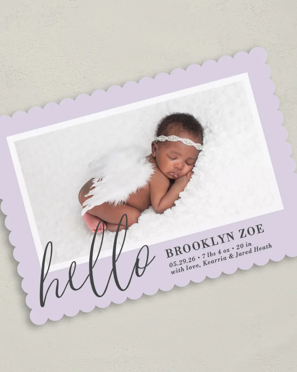 This is a 5" x 7" Birth Announcement Card called Chic Hello printed in full color on Premium Smooth paper