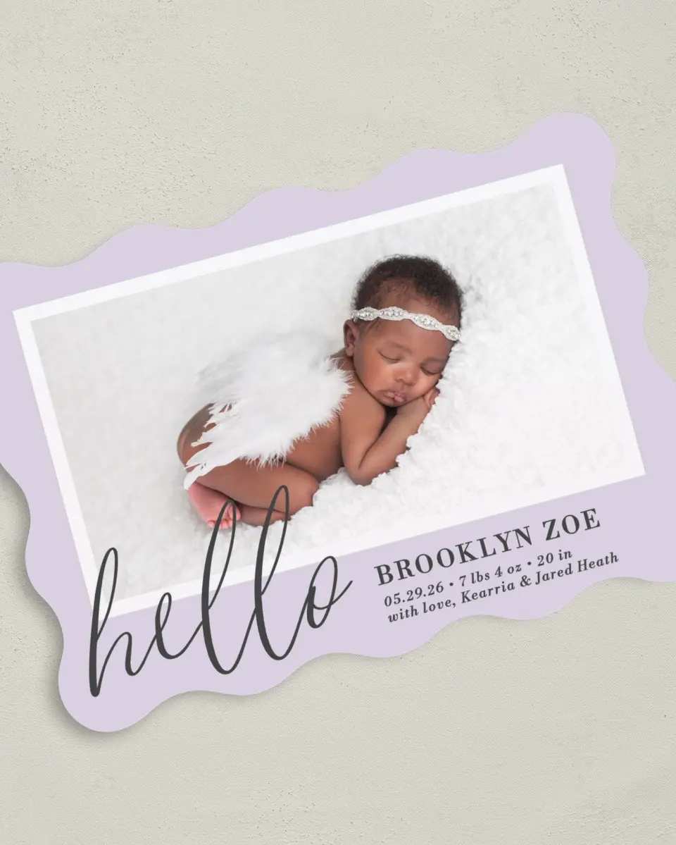 This is a 5" x 7" Birth Announcement Card called Chic Hello printed in full color on Premium Smooth paper
