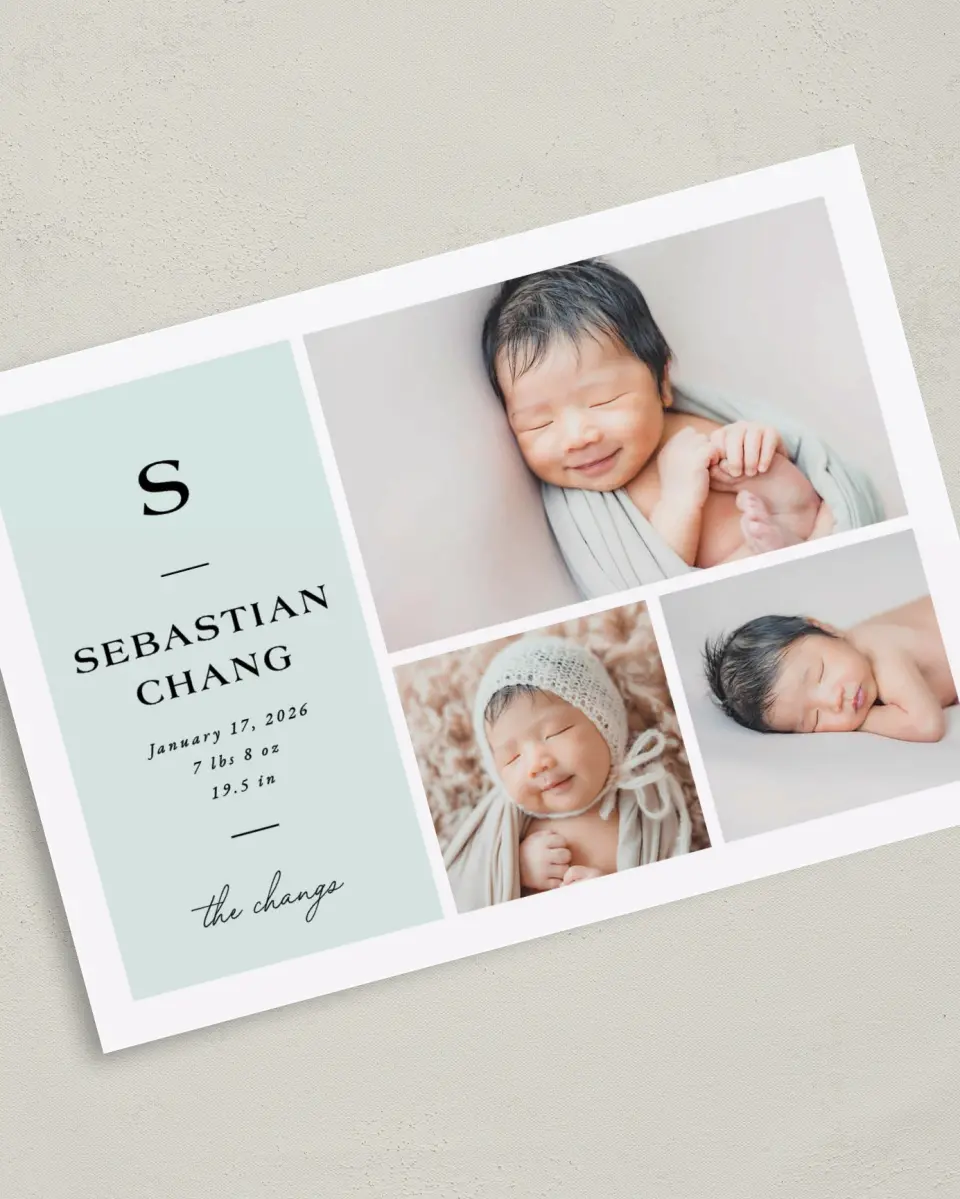 This is a 5" x 7" Birth Announcement Card called Simple Initial printed in full color on Premium Smooth paper