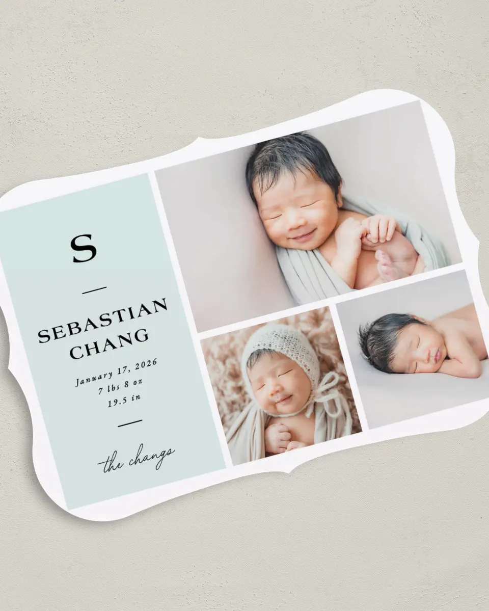 This is a 5" x 7" Birth Announcement Card called Simple Initial printed in full color on Premium Smooth paper