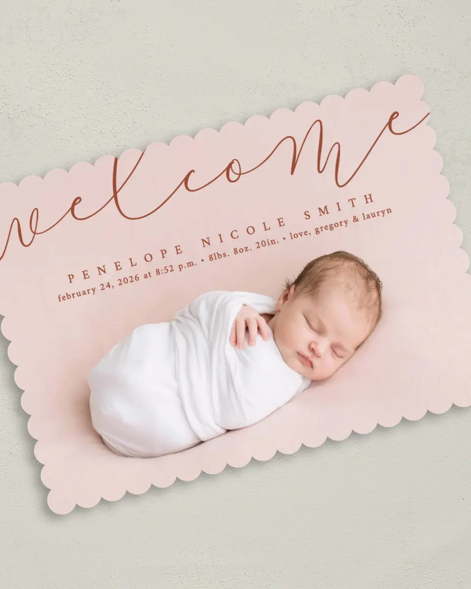This is a 5" x 7" Birth Announcement Card called Blissful Welcome printed in full color on Premium Smooth paper
