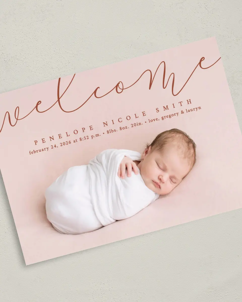 This is a 5" x 7" Birth Announcement Card called Blissful Welcome printed in full color with Silver foil on Luxe Satin (coated) paper
