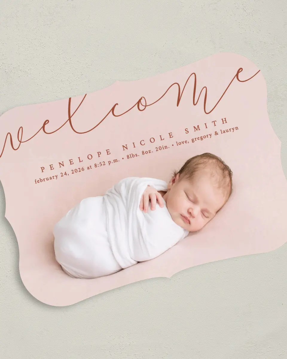 This is a 5" x 7" Birth Announcement Card called Blissful Welcome printed in full color on Premium Smooth paper