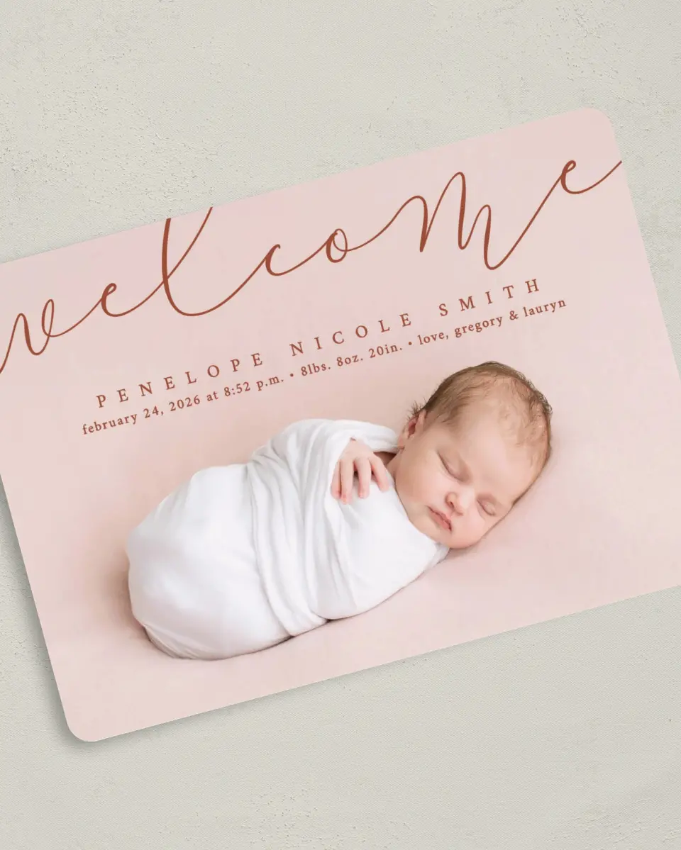 This is a 5" x 7" Birth Announcement Card called Blissful Welcome printed in full color with Silver foil on Luxe Satin (coated) paper