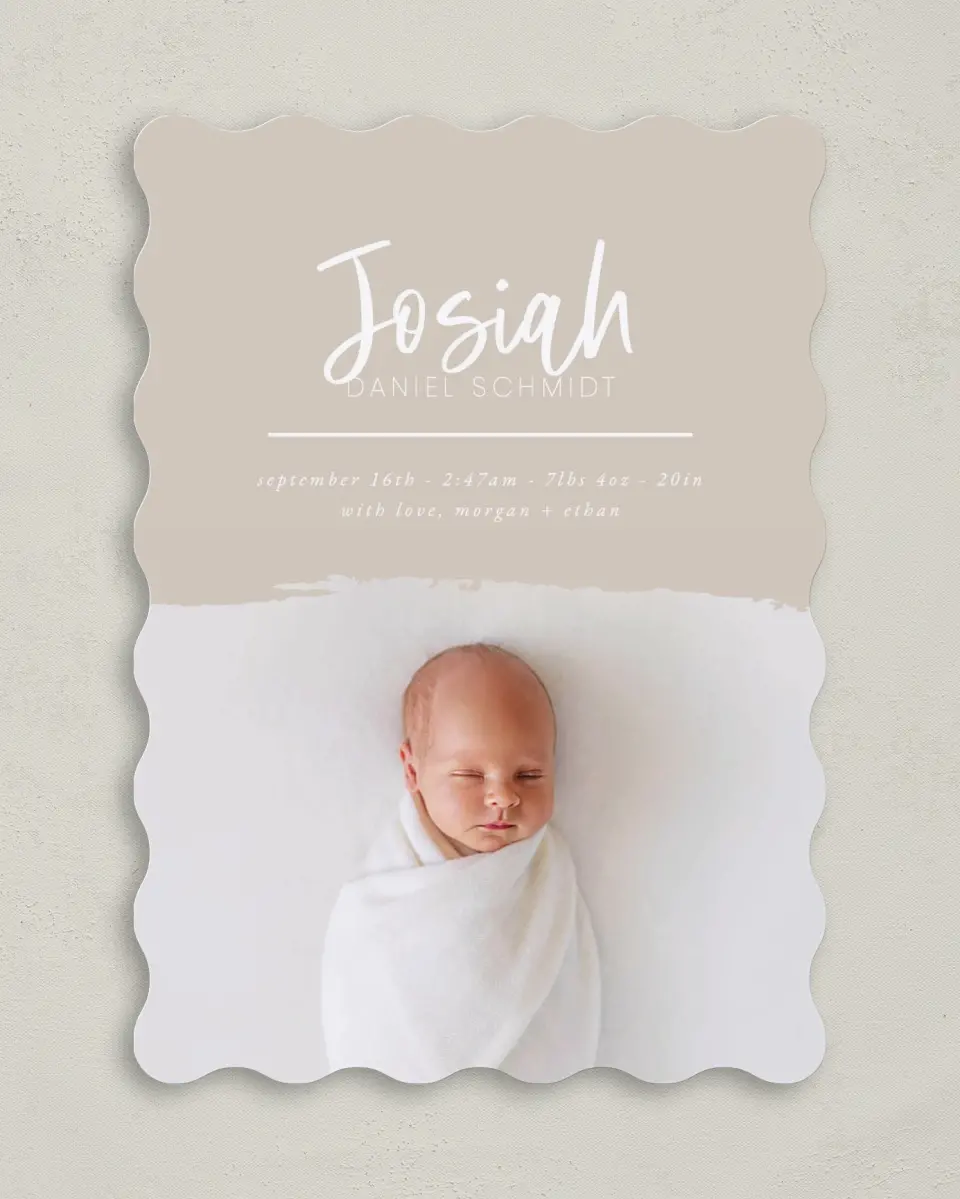 This is a 5" x 7" Birth Announcement Card called Modern Brush printed in full color with Rose Gold foil on Luxe Satin (coated) paper