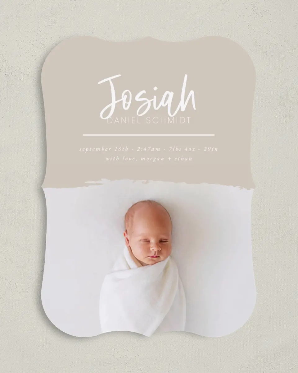 This is a 5" x 7" Birth Announcement Card called Modern Brush printed in full color on Premium Smooth paper