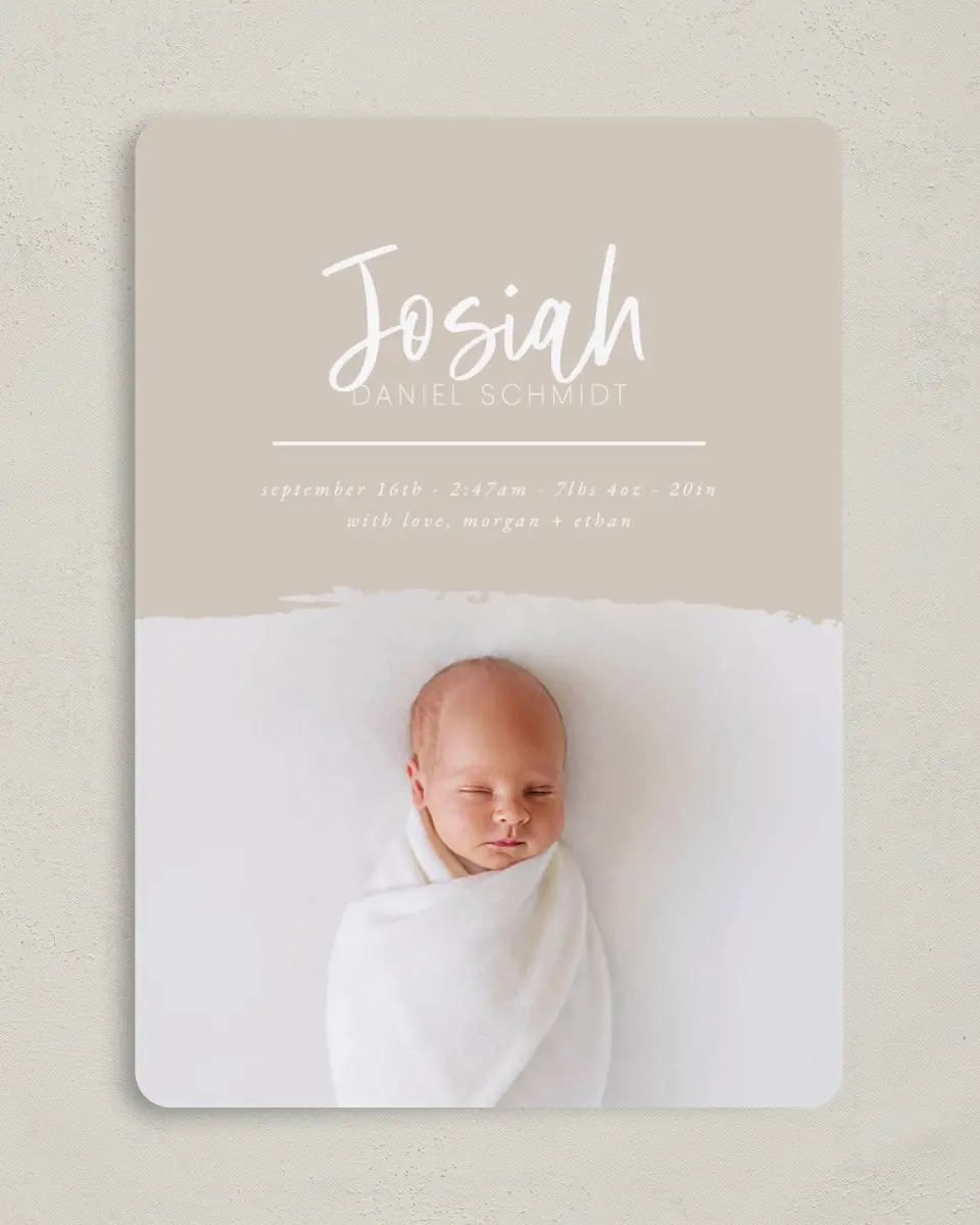 This is a 5" x 7" Birth Announcement Card called Modern Brush printed in full color with Silver foil on Luxe Satin (coated) paper