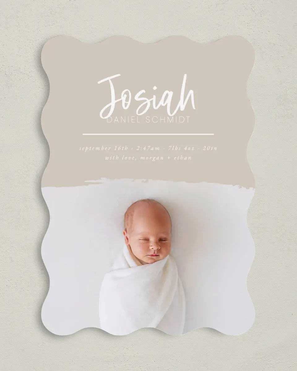 This is a 5" x 7" Birth Announcement Card called Modern Brush printed in full color on Premium Smooth paper