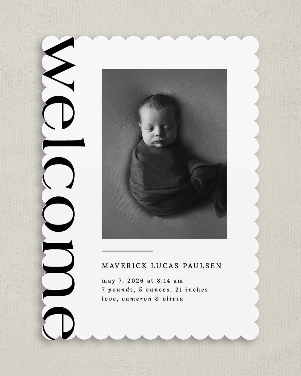 This is a 5" x 7" Birth Announcement Card called Bold Welcome printed in full color on Premium Smooth paper