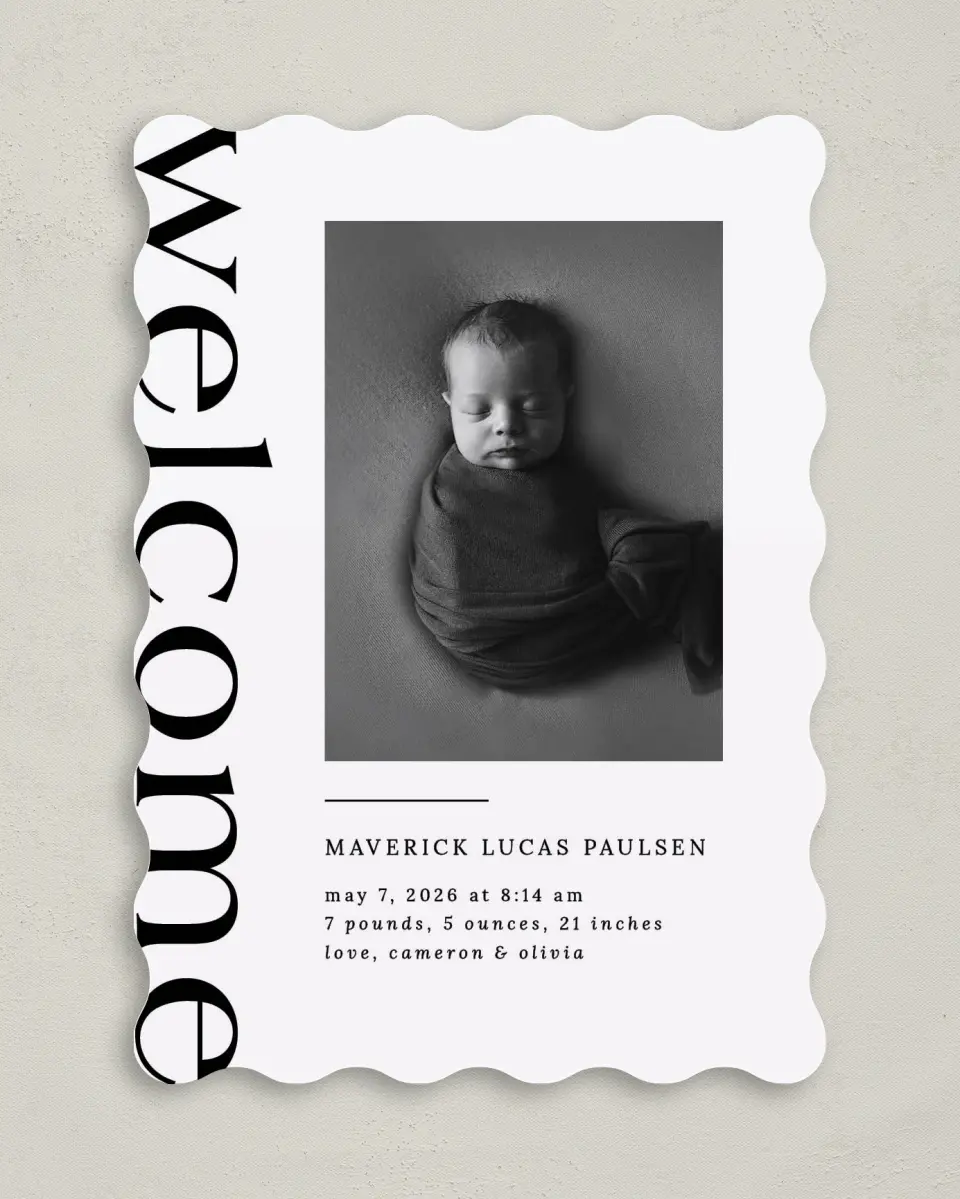 This is a 5" x 7" Birth Announcement Card called Bold Welcome printed in full color with Rose Gold foil on Luxe Satin (coated) paper