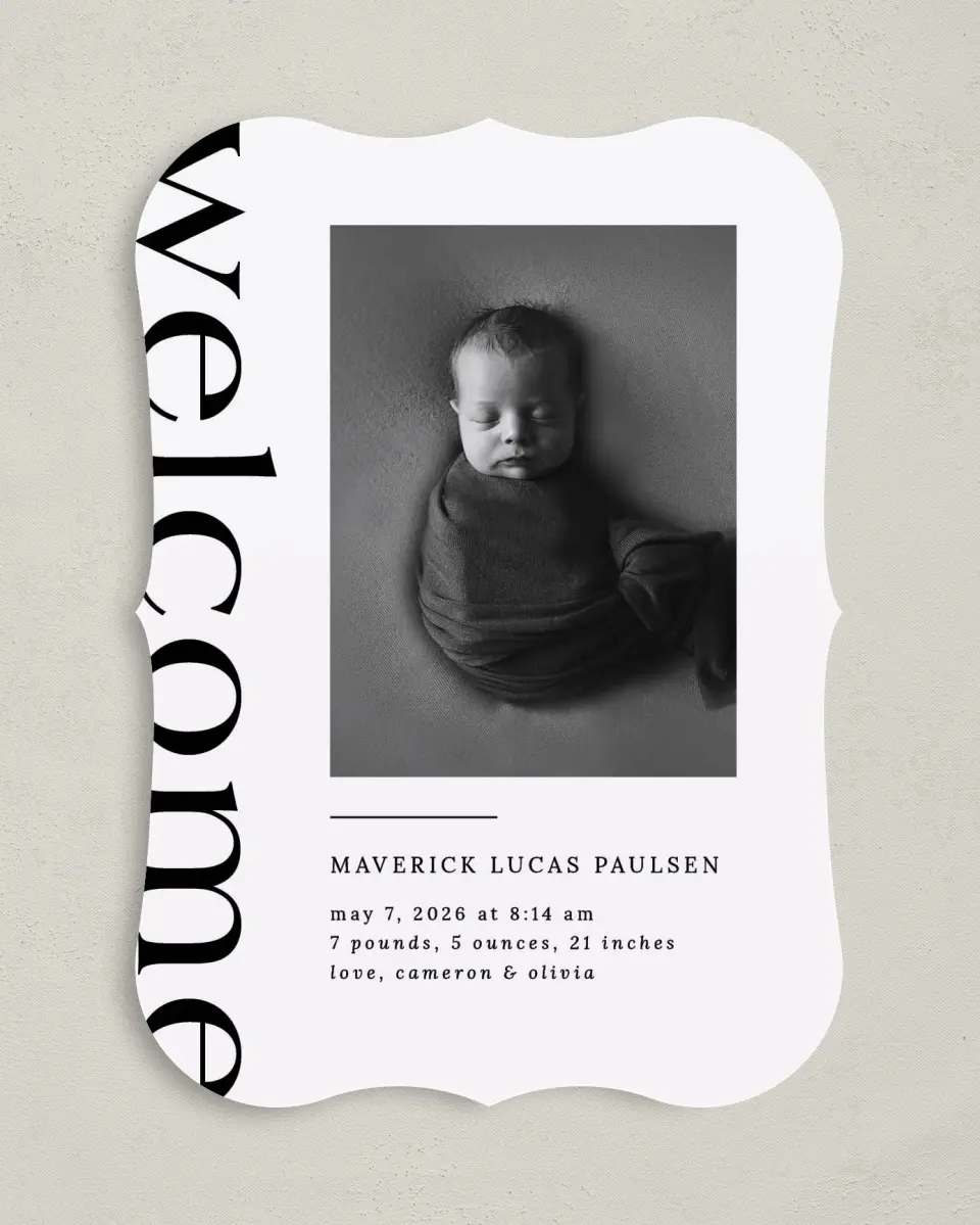 This is a 5" x 7" Birth Announcement Card called Bold Welcome printed in full color on Premium Smooth paper