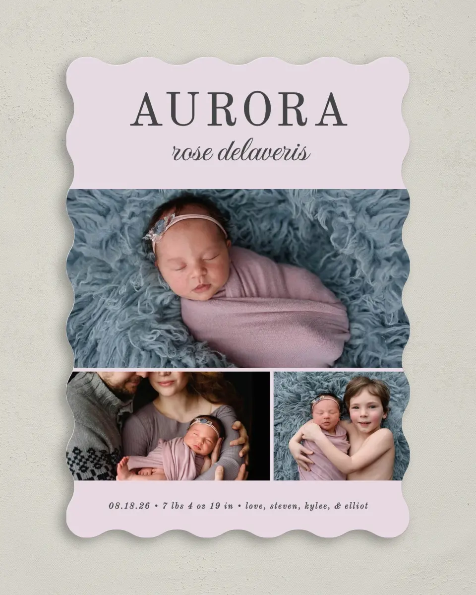 This is a 5" x 7" Birth Announcement Card called Serene Debut printed in full color with Gold foil on Luxe Satin (coated) paper