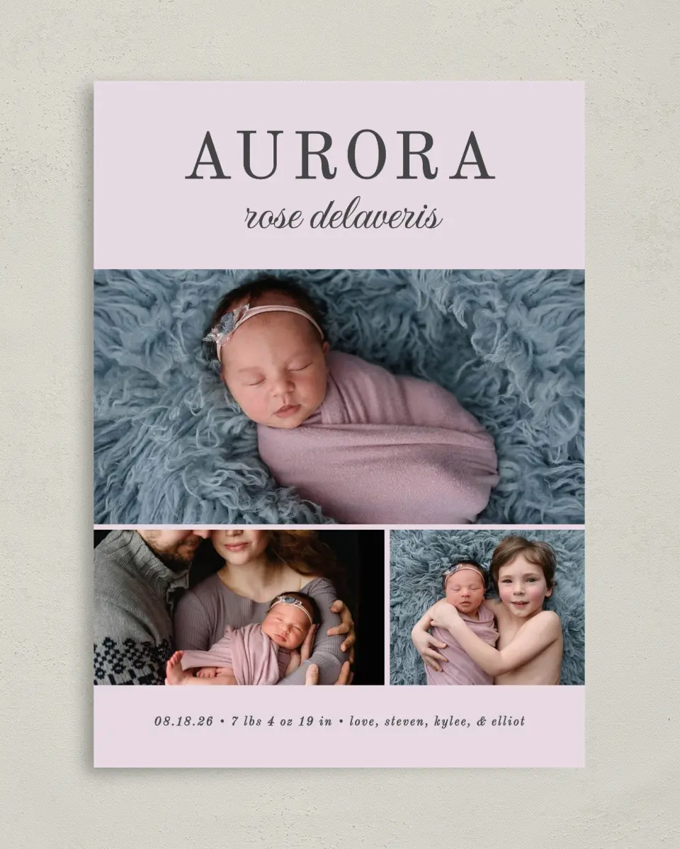 This is a 5" x 7" Birth Announcement Card called Serene Debut printed in full color with Silver foil on Luxe Satin (coated) paper