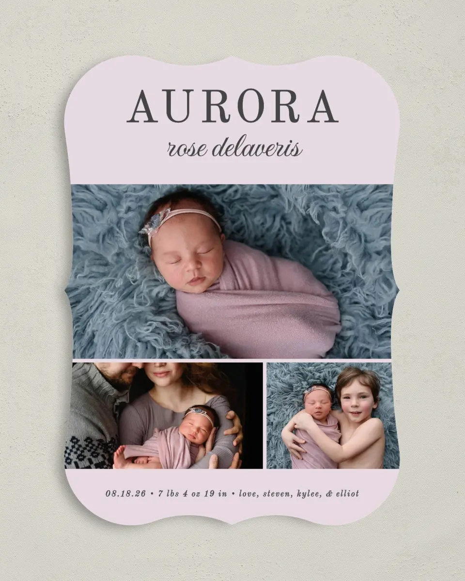 This is a 5" x 7" Birth Announcement Card called Serene Debut printed in full color with Silver foil on Luxe Satin (coated) paper