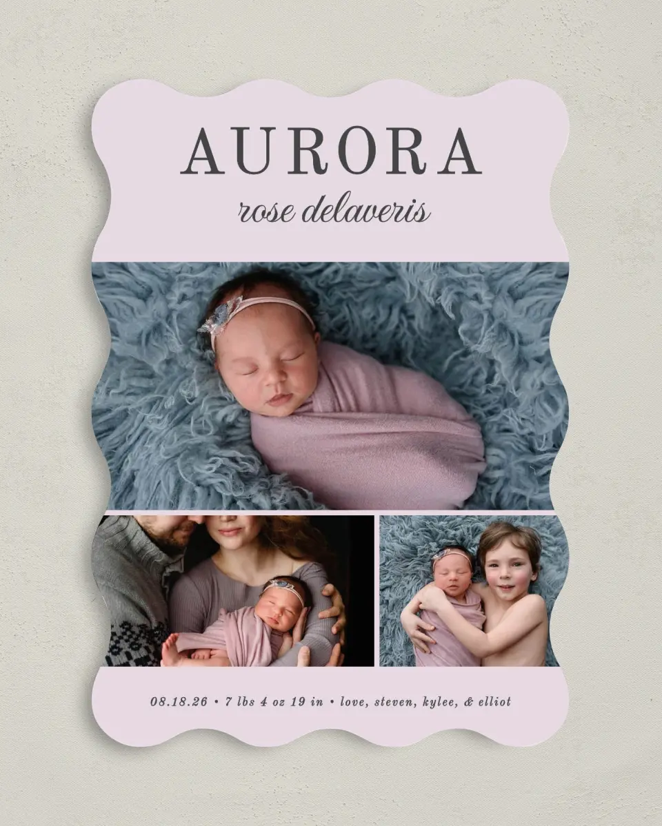 This is a 5" x 7" Birth Announcement Card called Serene Debut printed in full color with Gold foil on Luxe Satin (coated) paper