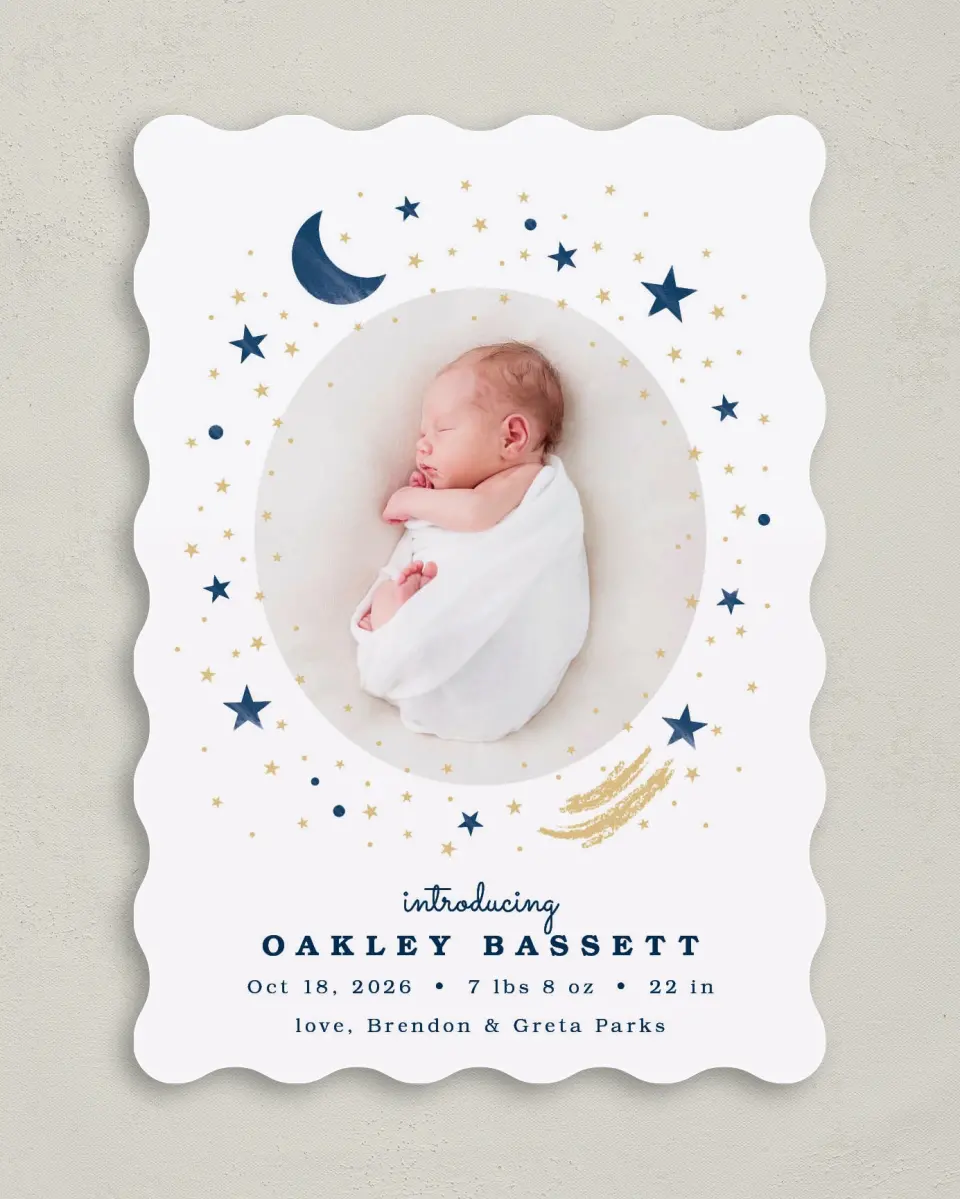 This is a 5" x 7" Birth Announcement Card called Moon and Stars printed in full color with Rose Gold foil on Luxe Satin (coated) paper