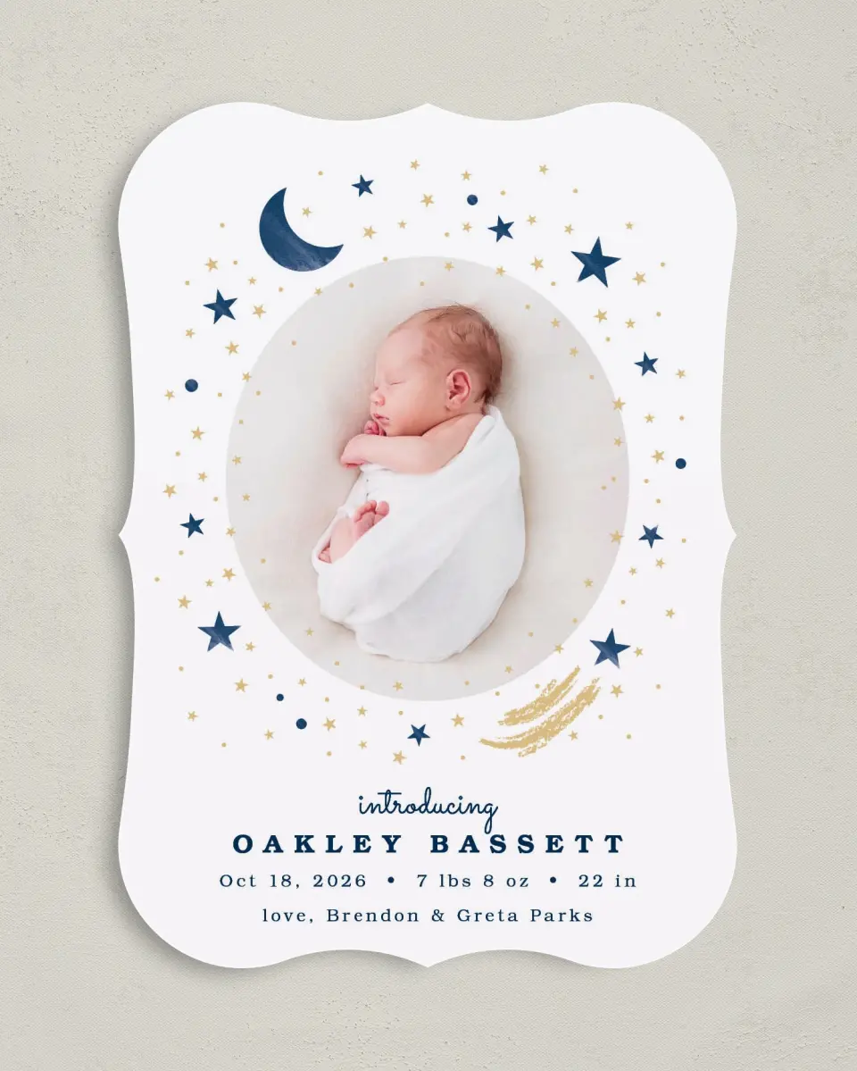 This is a 5" x 7" Birth Announcement Card called Moon and Stars printed in full color on Premium Smooth paper