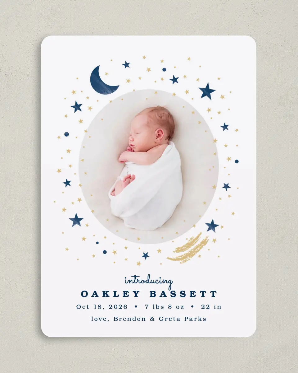 This is a 5" x 7" Birth Announcement Card called Moon and Stars printed in full color with Silver foil on Luxe Satin (coated) paper