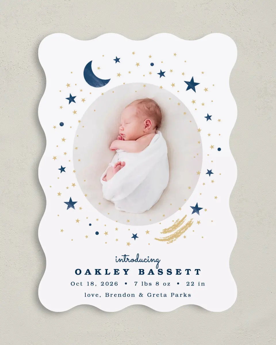 This is a 5" x 7" Birth Announcement Card called Moon and Stars printed in full color on Premium Smooth paper
