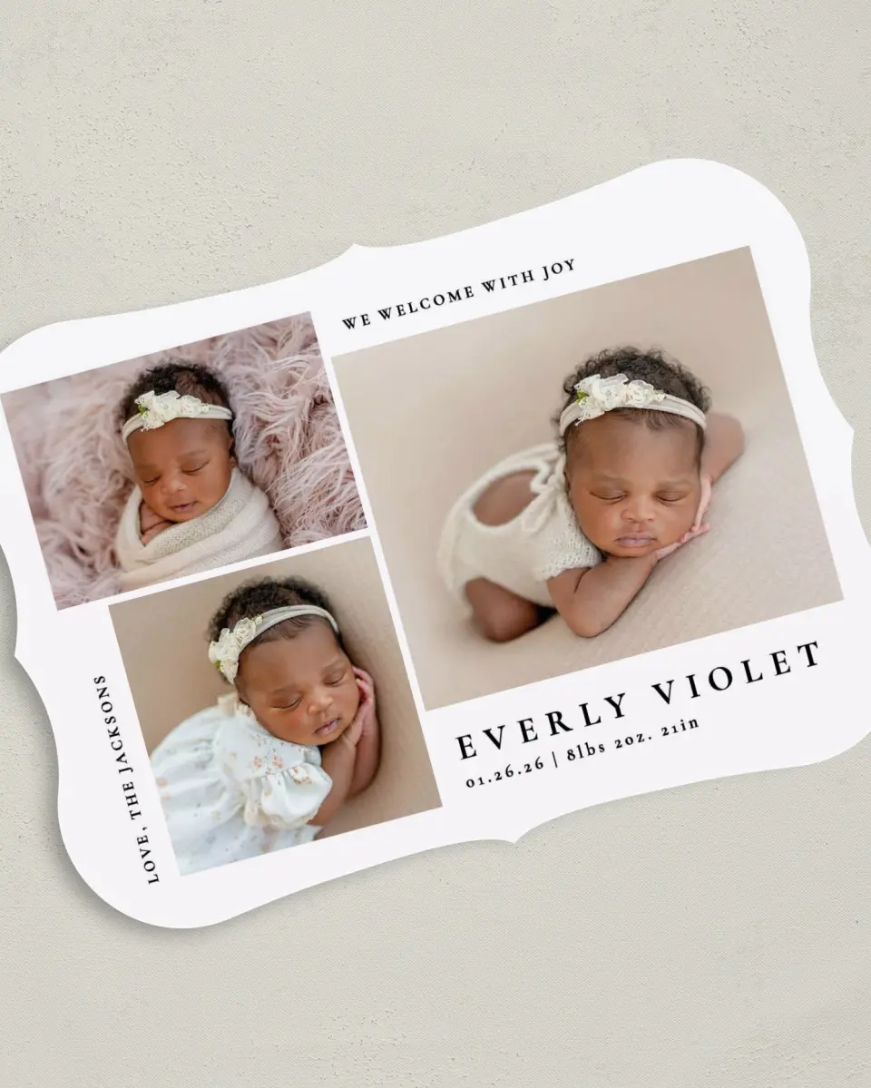 This is a 5" x 7" Birth Announcement Card called Treasured printed in full color on Premium Smooth paper
