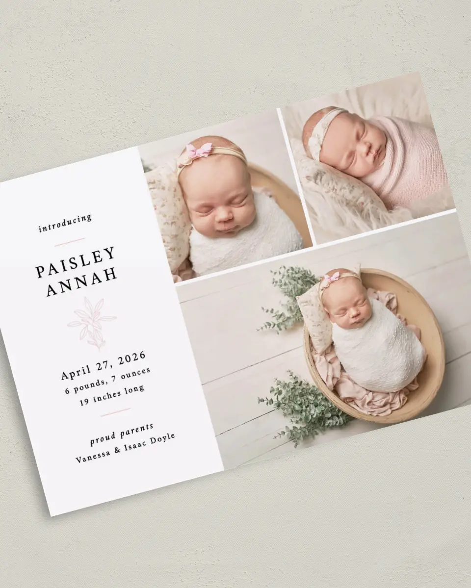 This is a 5" x 7" Birth Announcement Card called Dainty Darling printed in full color with Silver foil on Luxe Satin (coated) paper