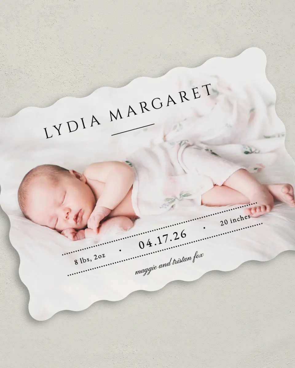 This is a 5" x 7" Birth Announcement Card called Tiny Treasure printed in full color with Silver foil on Luxe Satin (coated) paper