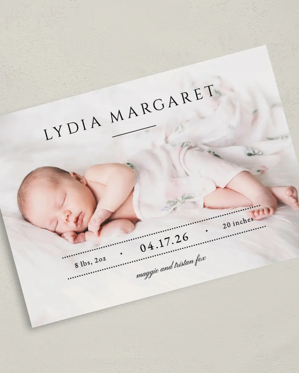 This is a 5" x 7" Birth Announcement Card called Tiny Treasure printed in full color with Rose Gold foil on Luxe Satin (coated) paper