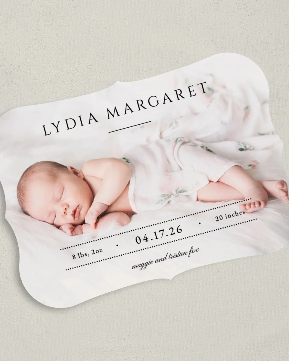 This is a 5" x 7" Birth Announcement Card called Tiny Treasure printed in full color on Premium Smooth paper