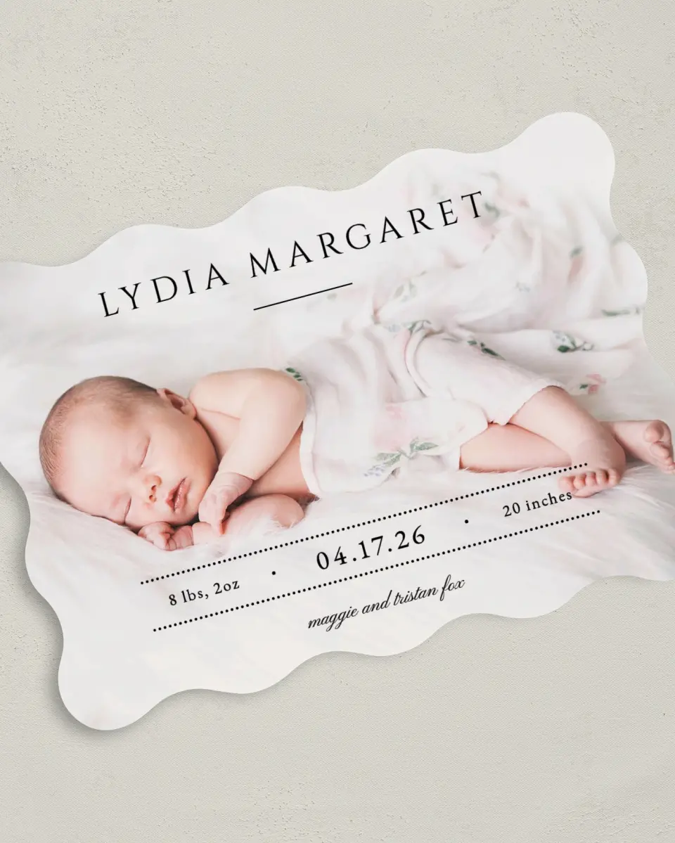 This is a 5" x 7" Birth Announcement Card called Tiny Treasure printed in full color on Premium Smooth paper
