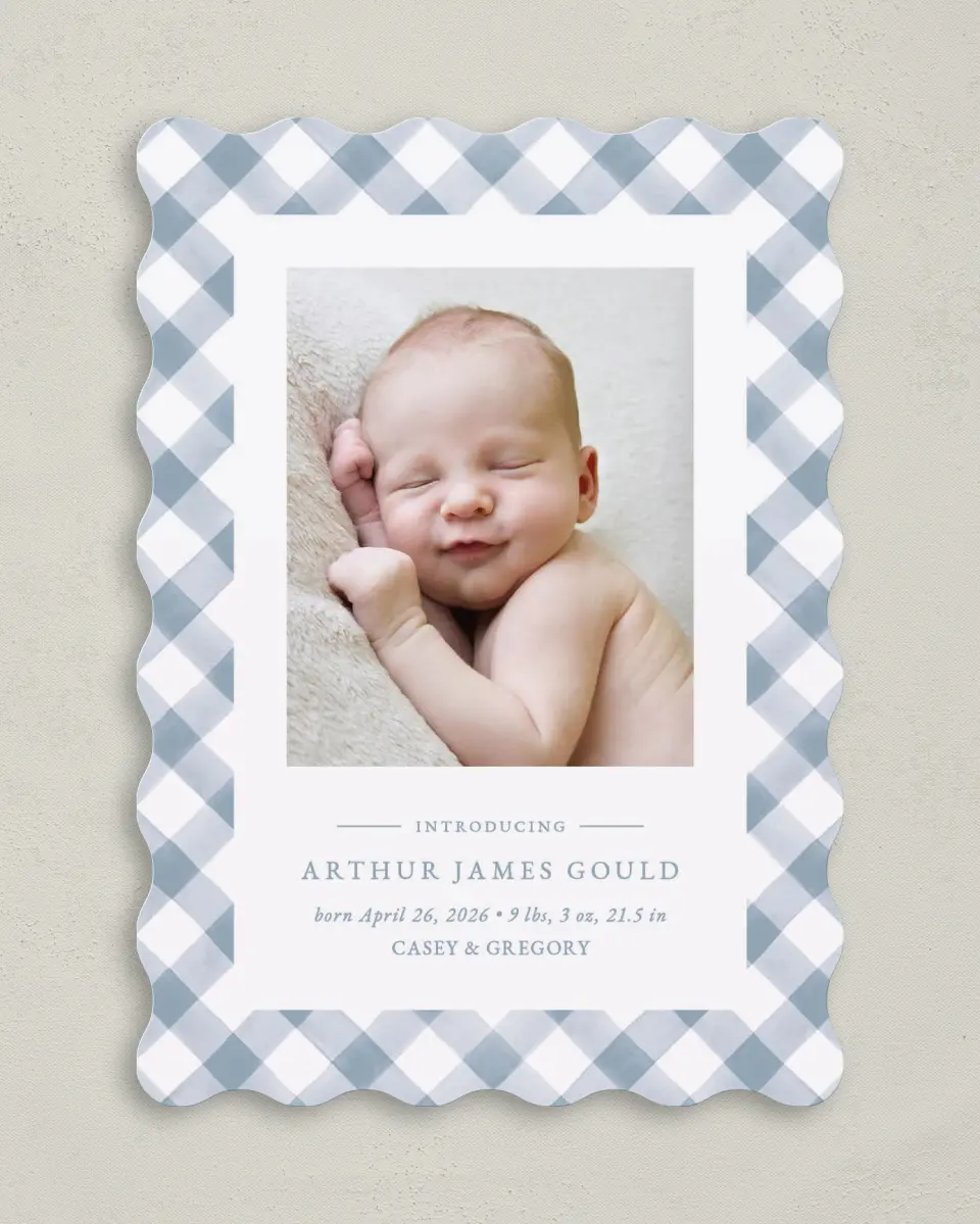This is a 5" x 7" Birth Announcement Card called Checked Cutie printed in full color with Silver foil on Luxe Satin (coated) paper