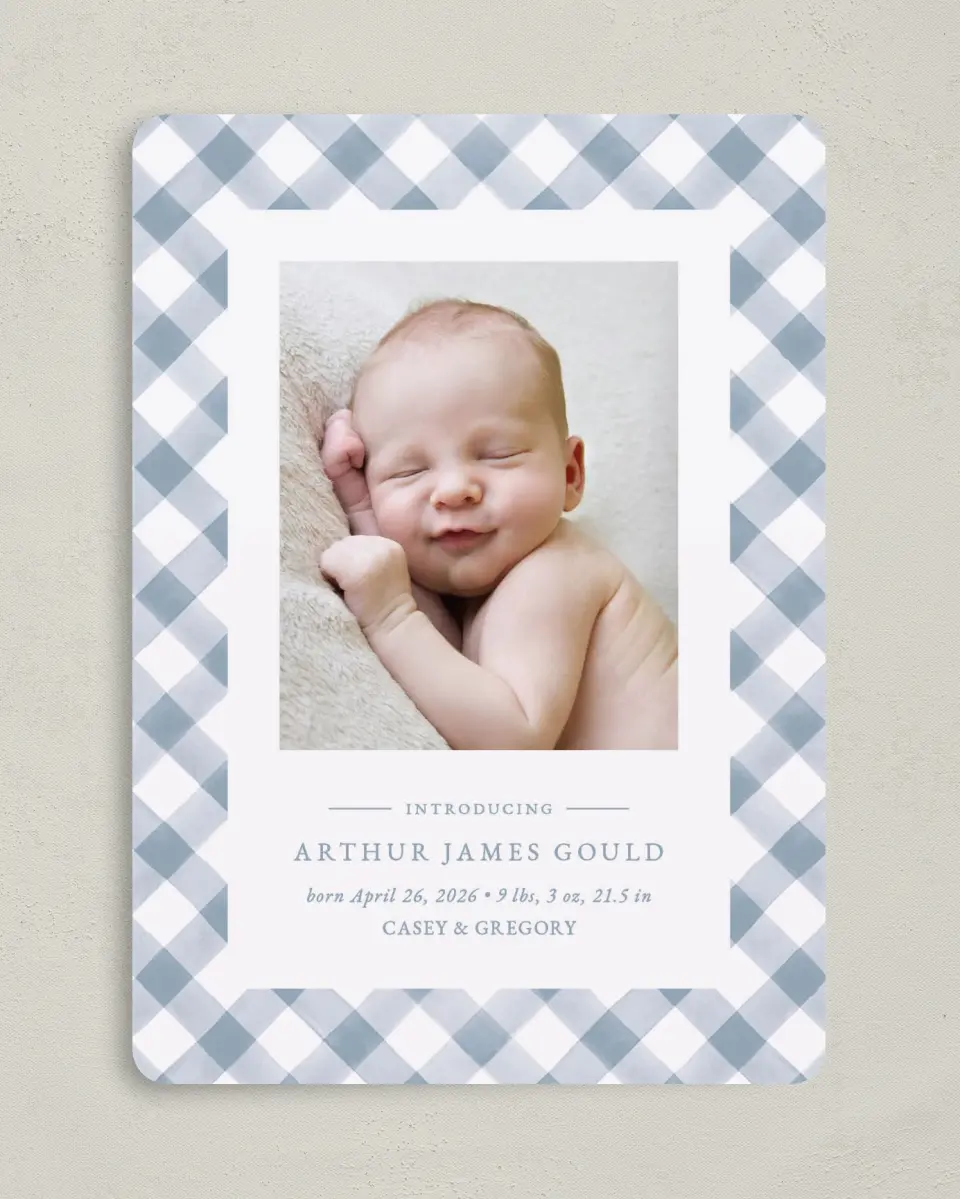 This is a 5" x 7" Birth Announcement Card called Checked Cutie printed in full color with Silver foil on Luxe Satin (coated) paper