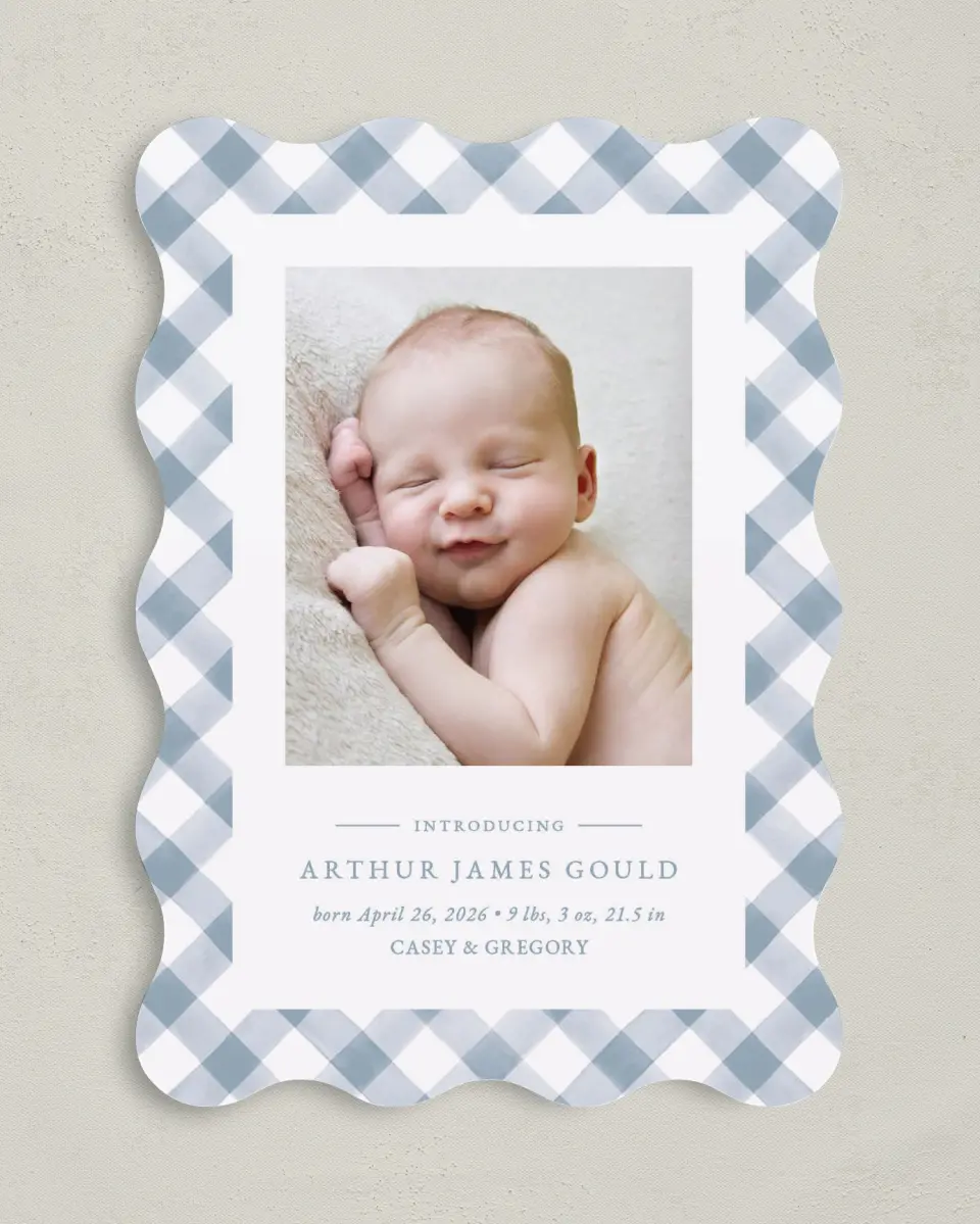 This is a 5" x 7" Birth Announcement Card called Checked Cutie printed in full color on Premium Smooth paper